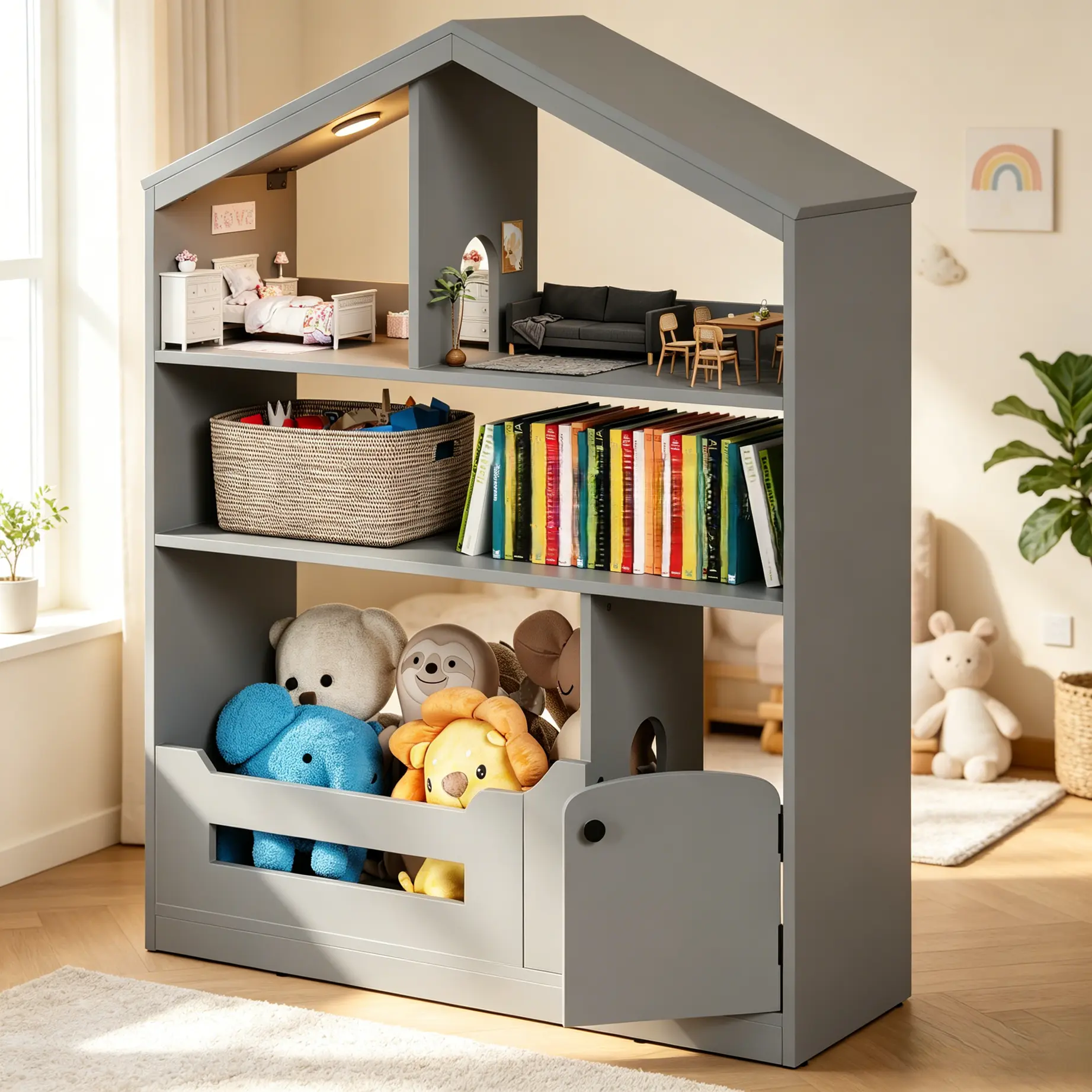 Children's House-Shaped 3-Tier Bookshelf & Toy Organizer, Wooden Kids Bookcase with Motion Sensor Light, Storage Cabinet & Plush Toy Chest, Anti-Tip Safety Design, Grey (1-Pack)