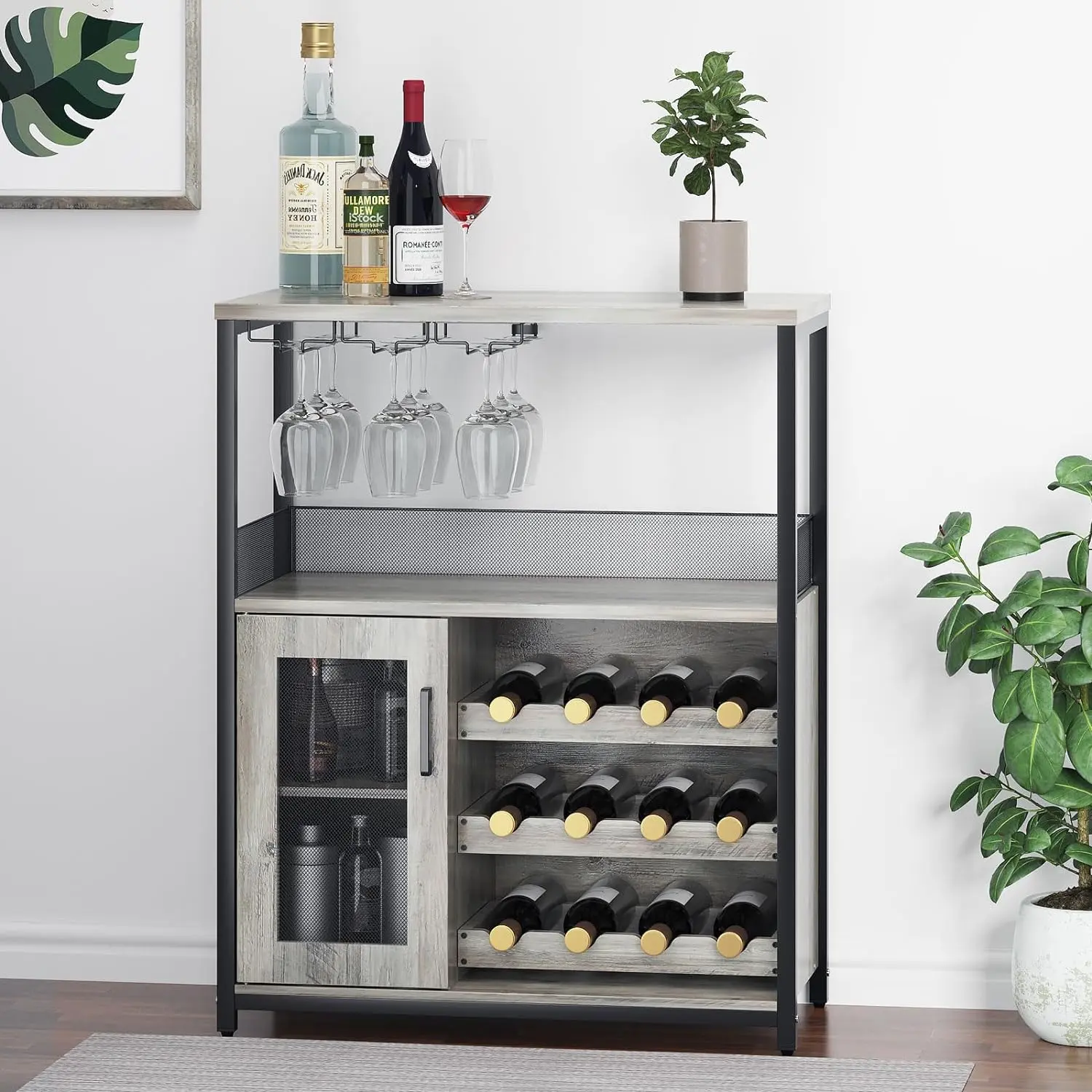 GARVEELarge Storage Wine Cabinet with Detachable Rack & Mesh Door, Grey