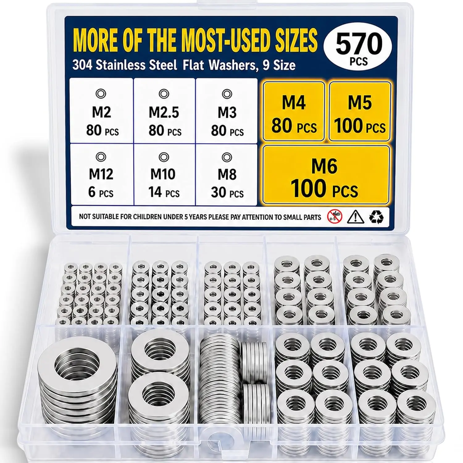 570 count Flat Washers for Screws, 304 Stainless Steel Washers