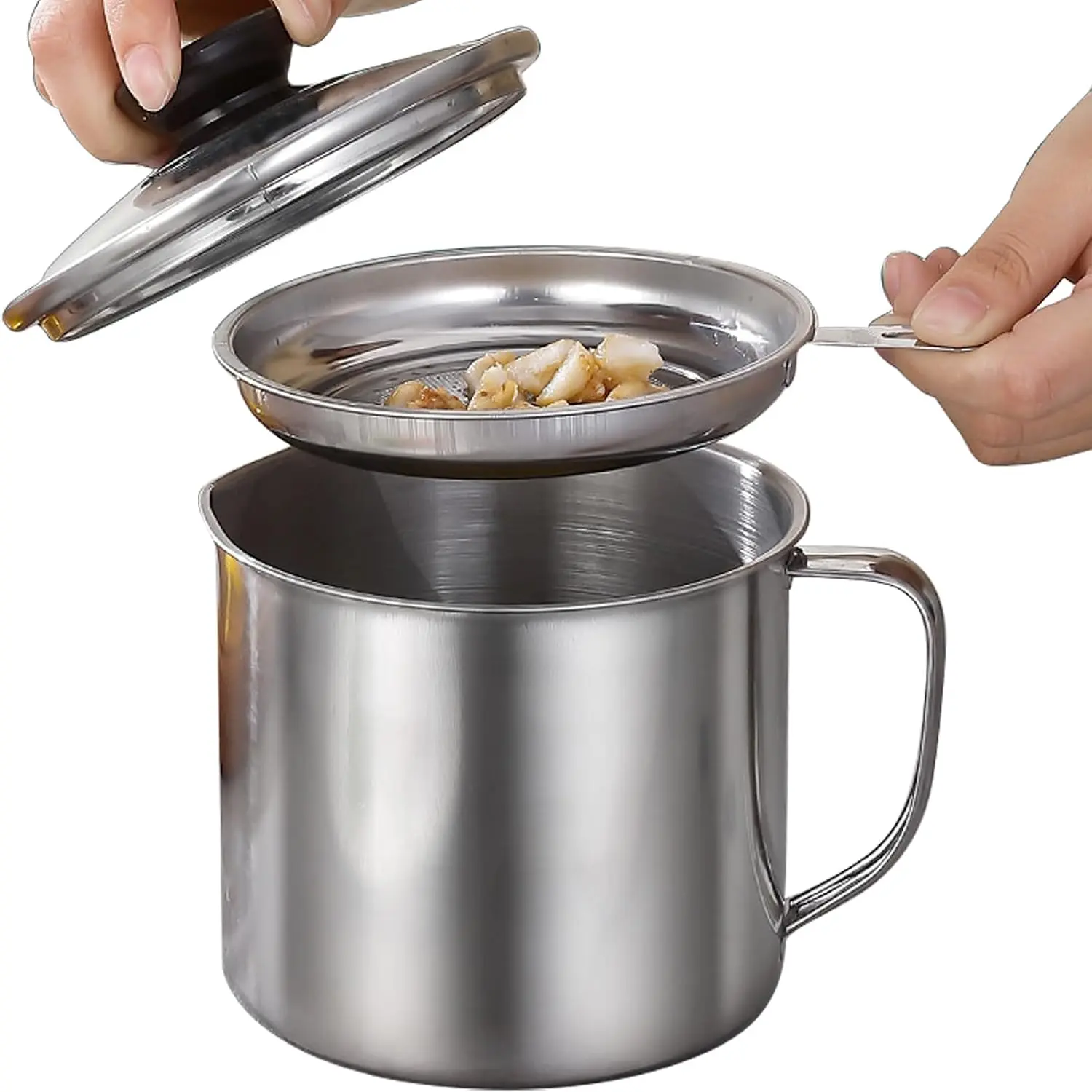 Stainless Steel  Container,with Fine Mesh Strainer,for Kitchen Storing Frying Cooking ,1.3L