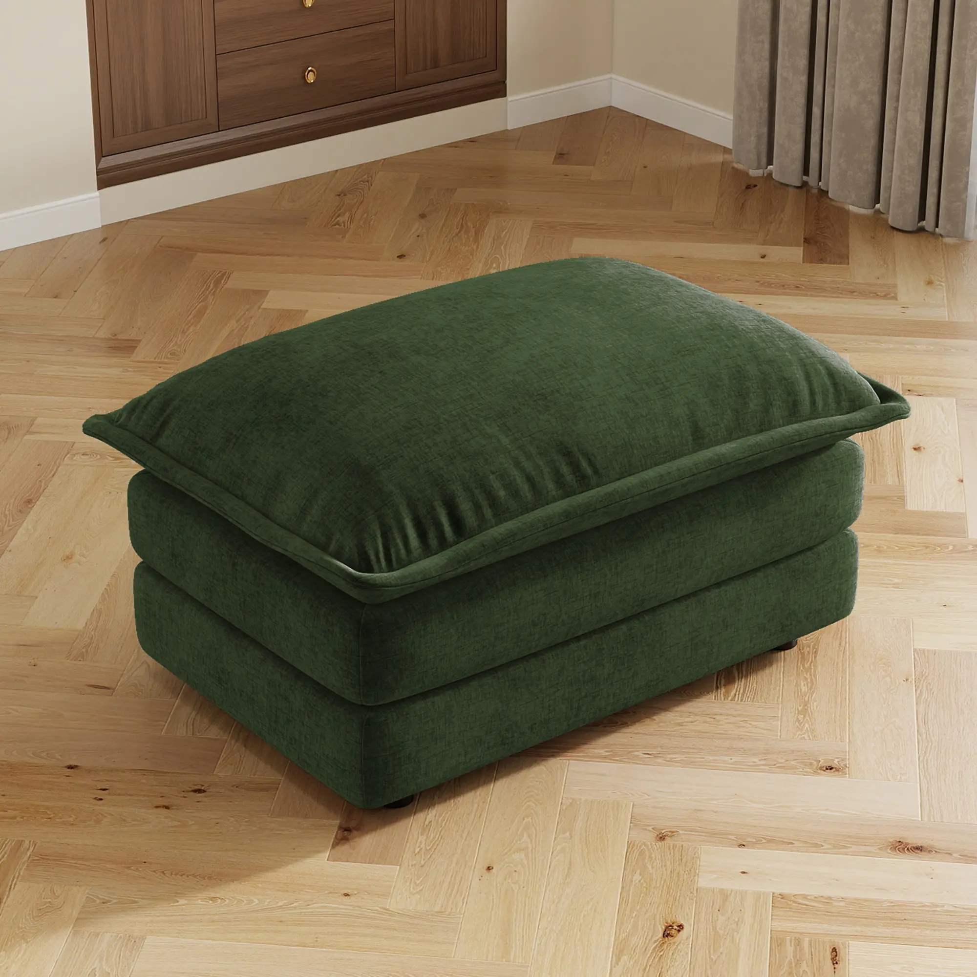 ARCH Green Chenille Ottoman Footstool Furniture, Solid Wood Frame, High-Density Sponge Cushion, 23W x 34D x 19H in, Modular Sectional Sofa Companion, Home Theater Foot Rest, Easy Assembly, Single Box