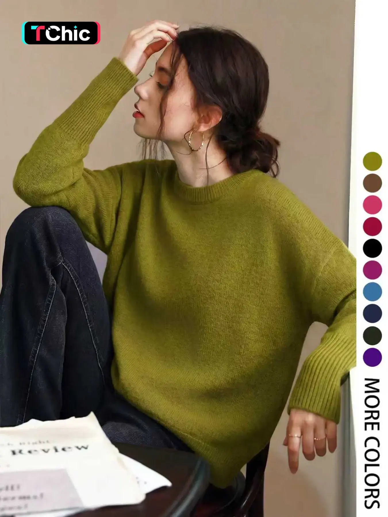Elegant Women's Fall Winter Fashion Basic Casual Home Wear, Loose Fit Striped Knit Round Neck Long Sleeve Pullover Top, Minimalist Style