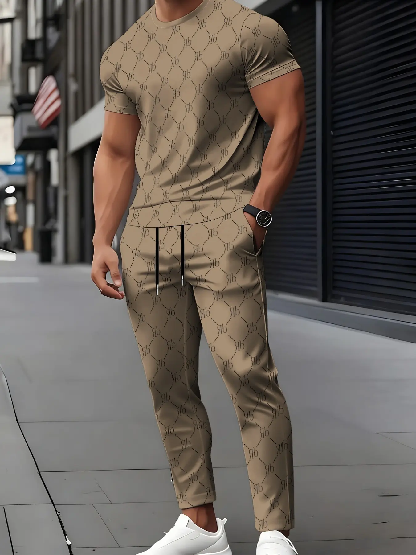Men's set of short sleeved pants, checkerboard geometric loop printed clothing, loose travel versatile two-piece set