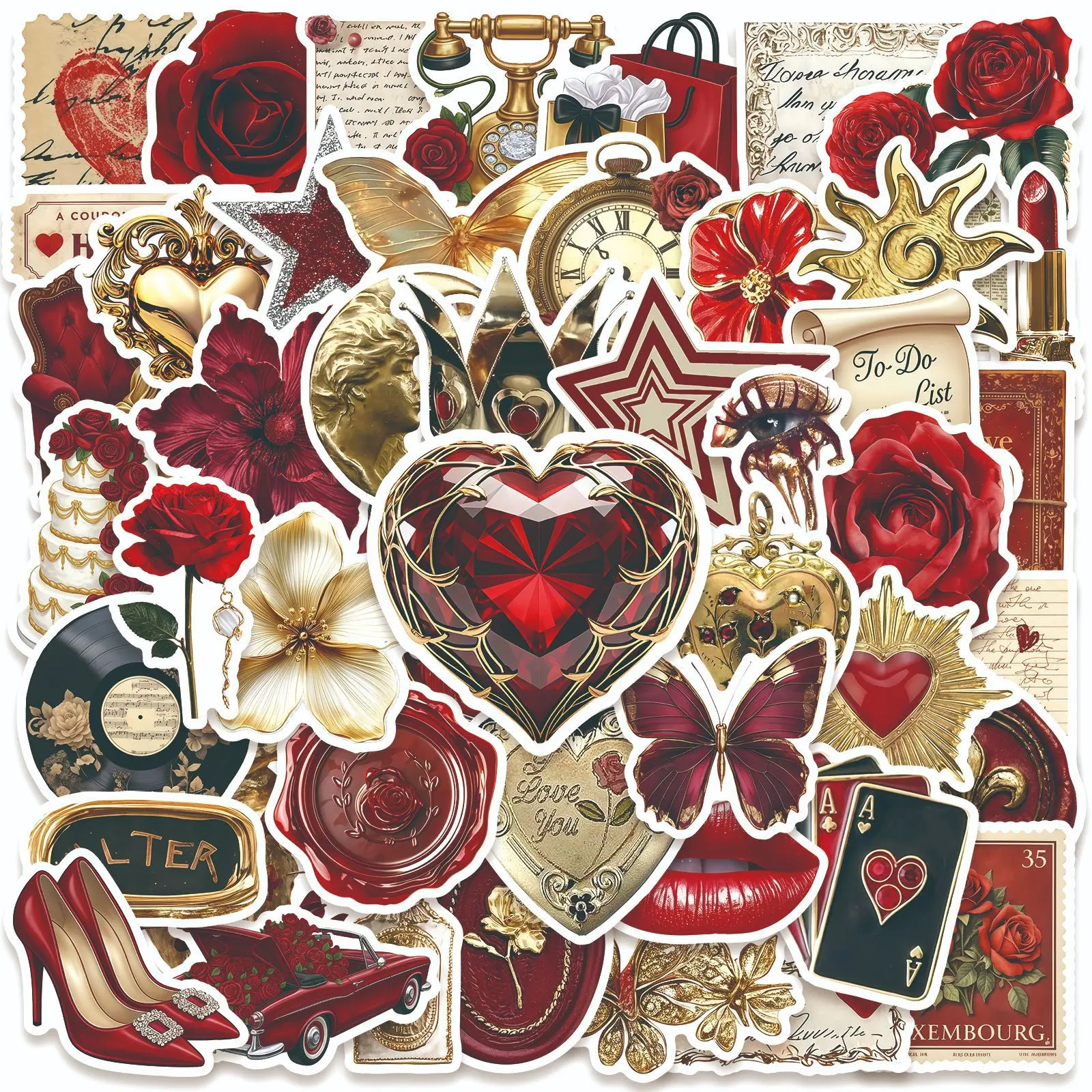 50-Piece "Dugu" Red & Rose Gold Series Graffiti Sticker Set – Waterproof, Creative DIY Decals for Luggage, Phone Cases, Laptops, Helmets, and Skateboards.