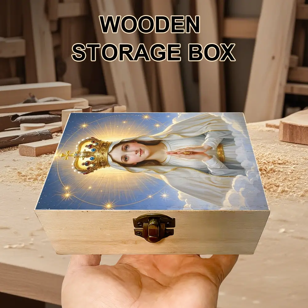 1Pc Hand - crafted Wooden Storage Box, Prayer Box with Blessed Virgin Mary Illustration, Small Gift Storage Box Trinket Organizer Keepsake Box for Home Altar, Personal Devotion, Spiritual Gift - giving, Rustic and Devotional Home Decor
