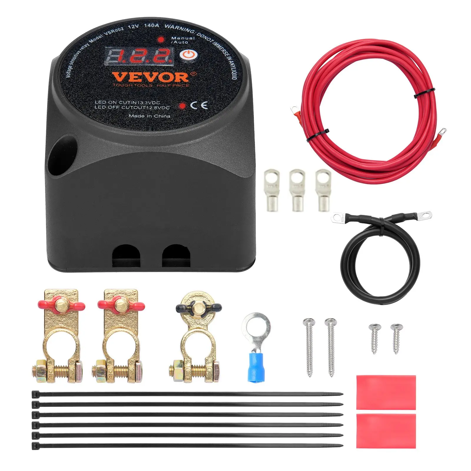 VEVOR Dual Battery Isolator Kit, 12V 140A Voltage Sensitive Relay with LCD Display, Manual/Auto Modes, Off Roading Accessories for Batteries in ATV, RV, Boat