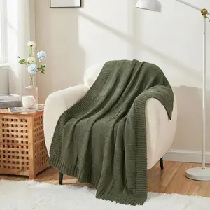 Checkered Knit Throw Blanket, Olive Green 50x60 Inches, Soft Warm Knitted Blanket for Couch, Sofa, Bed, Living Room, Bedroom,   Decorative  Throw, Cozy  Blanket