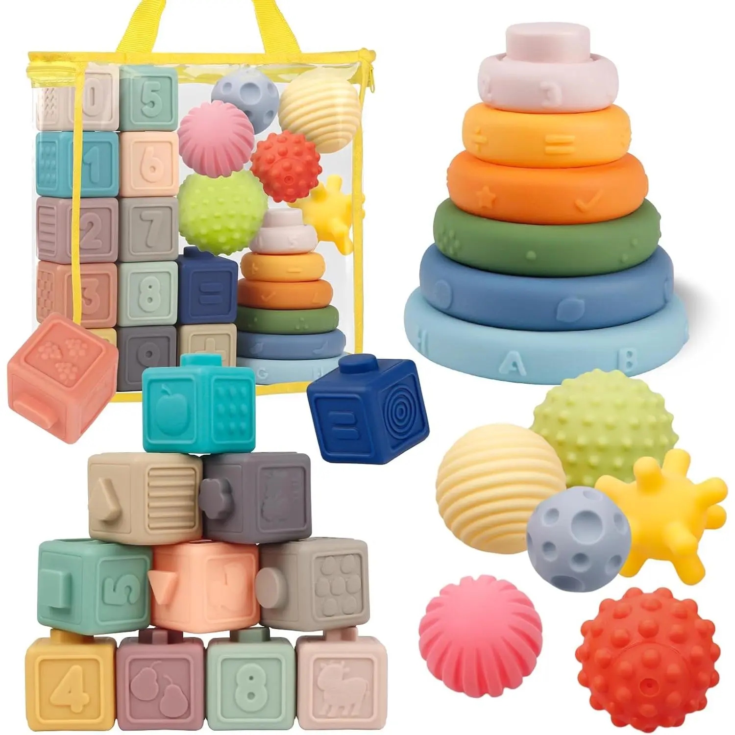 Montessori Baby Toys - Soft Baby Blocks, Stacking Rings & Sensory Balls, 24Pcs 3-in-1 Teething Toys Set for Babies 6-12 Months, Building Blocks Easter Birthday for Boys Girlsfidget toys