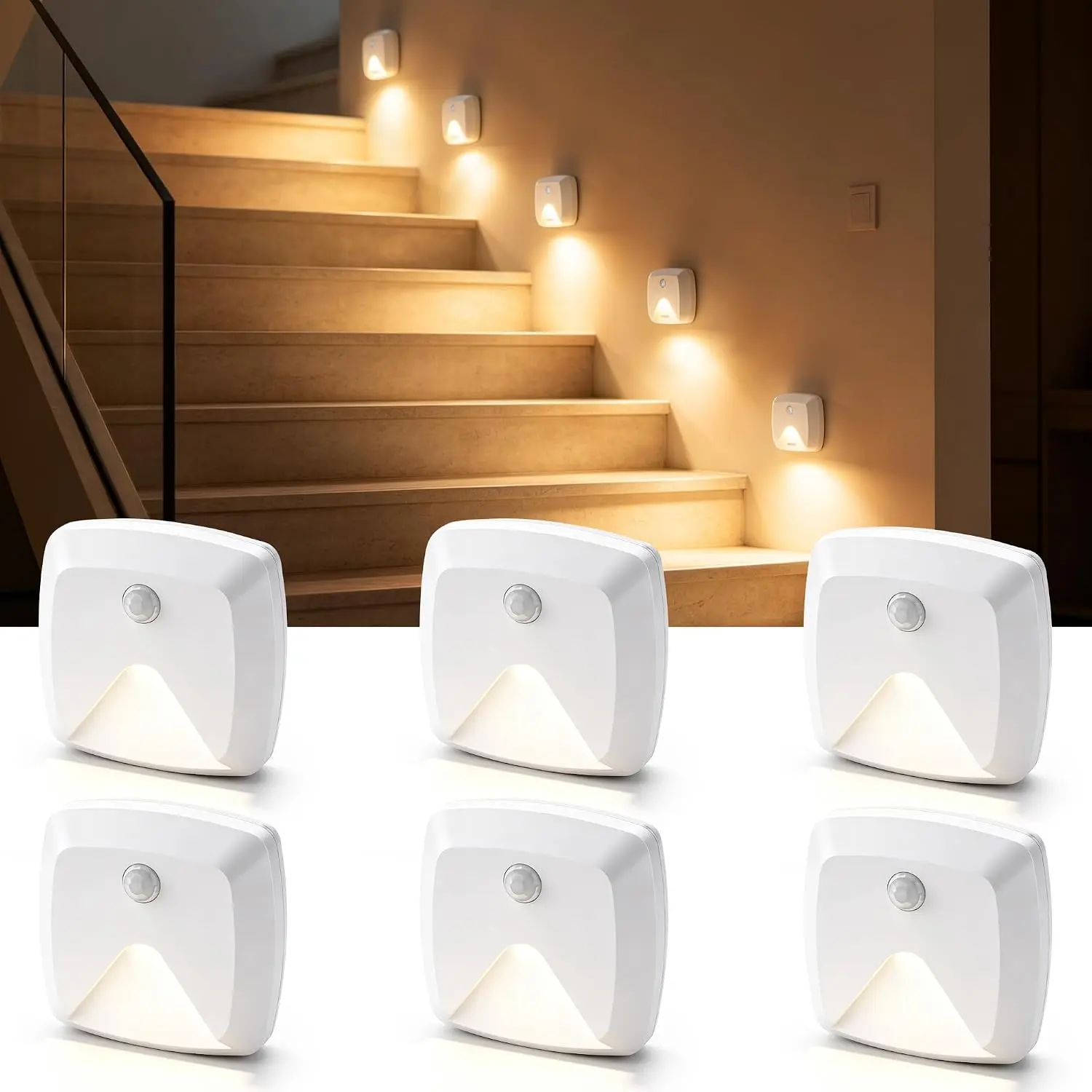 6-Pack Stick-on Motion Sensor Lights, Warm White LED Night Light, Stick-Anywhere Stair Lights, Closet Light, Battery Operated Wall Light for Kitchen, Hallway, Bedroom, Bathroom, Stairs