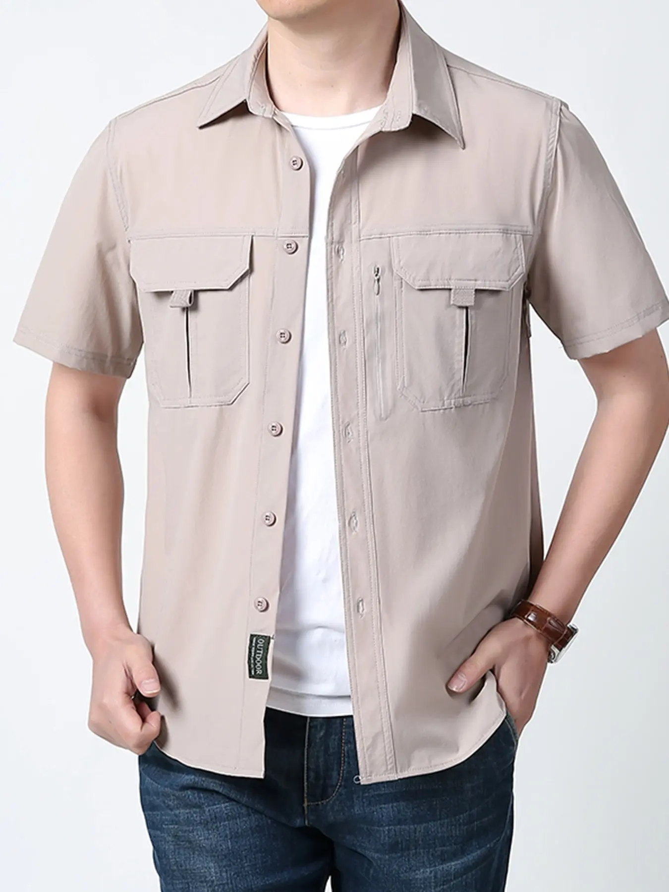 Men's Lightweight Quick-Dry Multi-Pocket Short Sleeve Shirt, Breathable Nylon, Casual Summer Outdoor Wear, Multiple Colors Available