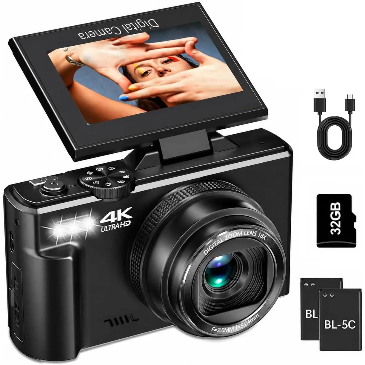 4K Digital Camera for Photography, 64MP Vlogging Camera for YouTube with 3" 180° Flip Screen, WiFi Compact Camera with 18X Digital Zoom, Comes with 32GB  SD Card & 2 , Black