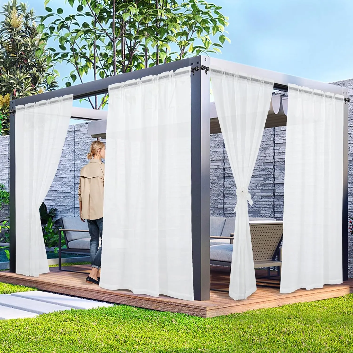 2 Panels Outdoor White Waterproof Sheer Privacy Curtains for Patio Gazebo Pergola Balcony Pool Spa Indoor Outdoor 52 x 84 inch