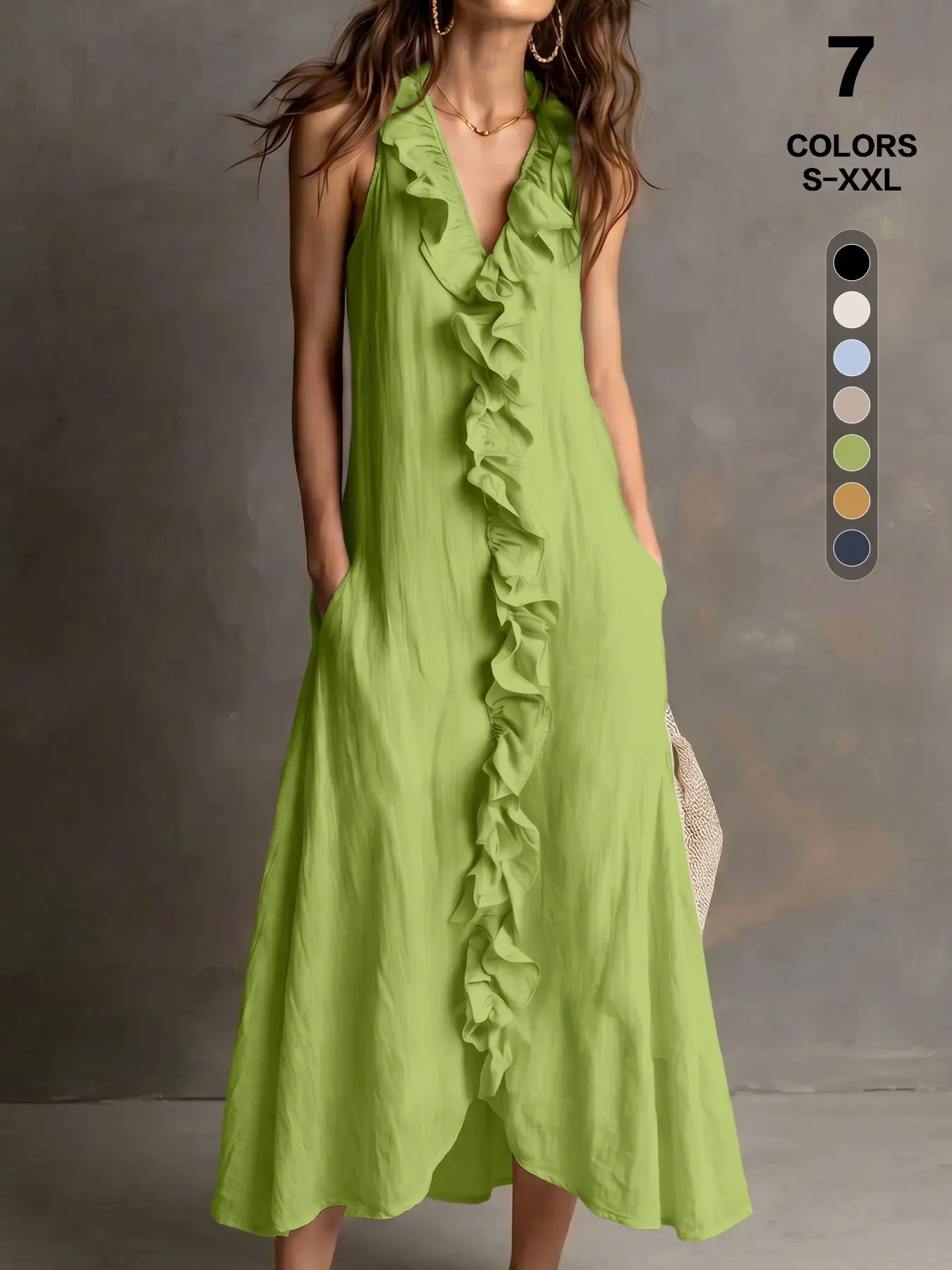 2026 Summer Minimalist Halter V Neck Midi Fit Dress, Sleeveless Ruffle Front, Hollow Out Back, Slimming Cinched Waist, Casual Fall Dress, Womenswear, Ruffle Edge Dress
