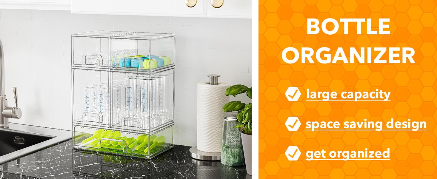 Bottle Storage Organizer Baby - Acrylic Bottles Station Organizer Container, Stackable Clear Drawers for Countertop, Vanity, Bathroom, Cabinet, Pantry Organization,