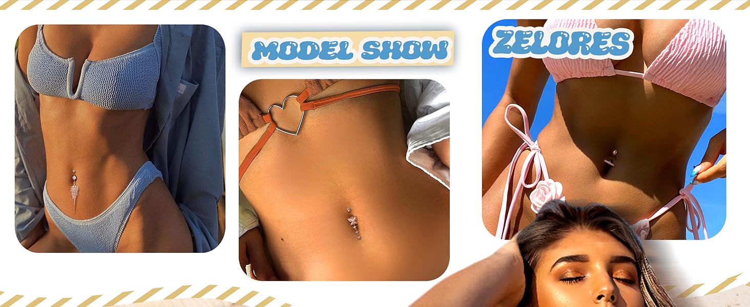 ZELORES 9Pcs 14G Belly Button Rings for Women Surgical Stainless Steel Belly Rings Cute Navel Rings Butterfly Snake Evil Eye Heart Hoop Dangle Rose Gold Belly Button Piercing Jewelry Cubic Zirconia