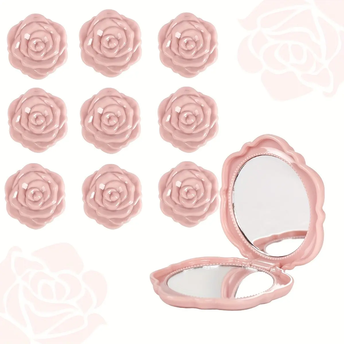 10 Pink Mirrors, Plastic Travel Makeup Mirrors, Portable Foldable Mirrors, Portable Folding Mirror, Compact Mirrors in The Shape of Rose Petals, Gifts for Bridesmaids, Guest Gifts for Wedding Parties, Souvenirs for Wedding Party Guests( Pink)