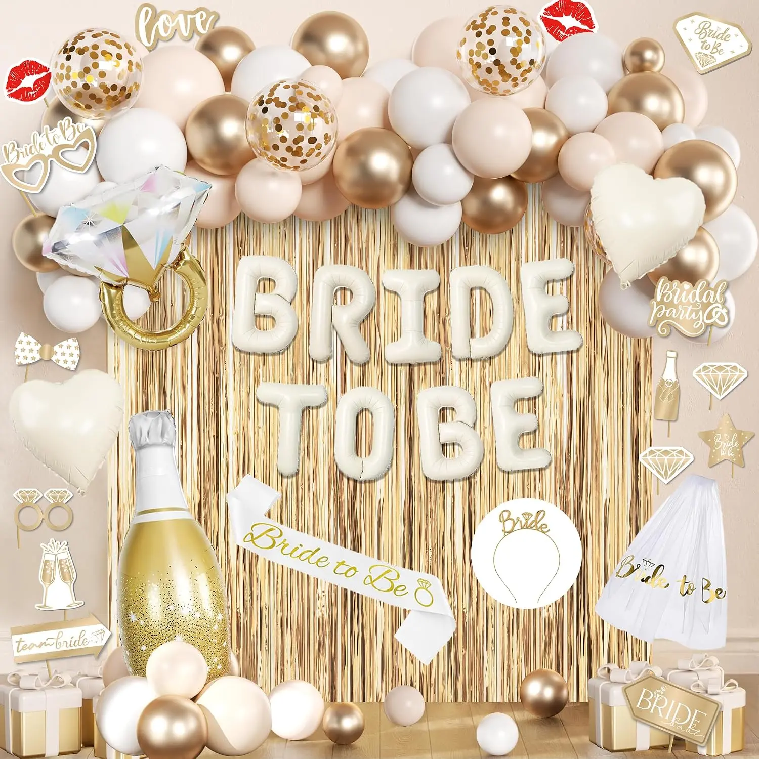 Champagne  Bridal Shower Decorations, Bachelorette Party Supplies Kit Includes Bride To Be Foil Balloons, Veil, Tiara Crown, Sash, Fringe Curtains, Photo Props for Engagement Wedding