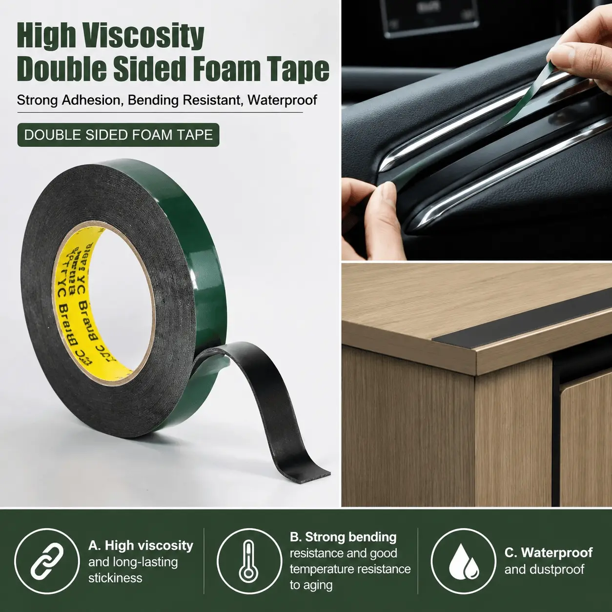 Waterproof Black Sponge Double-Sided Tape, Heavy Duty Adhesive for Car Trim Sealing, Wall DIY Crafts, Anti-Slip Anti-Tear Foam Weather Stripping, Easy to Cut, Damp Proof Home Decor Material
