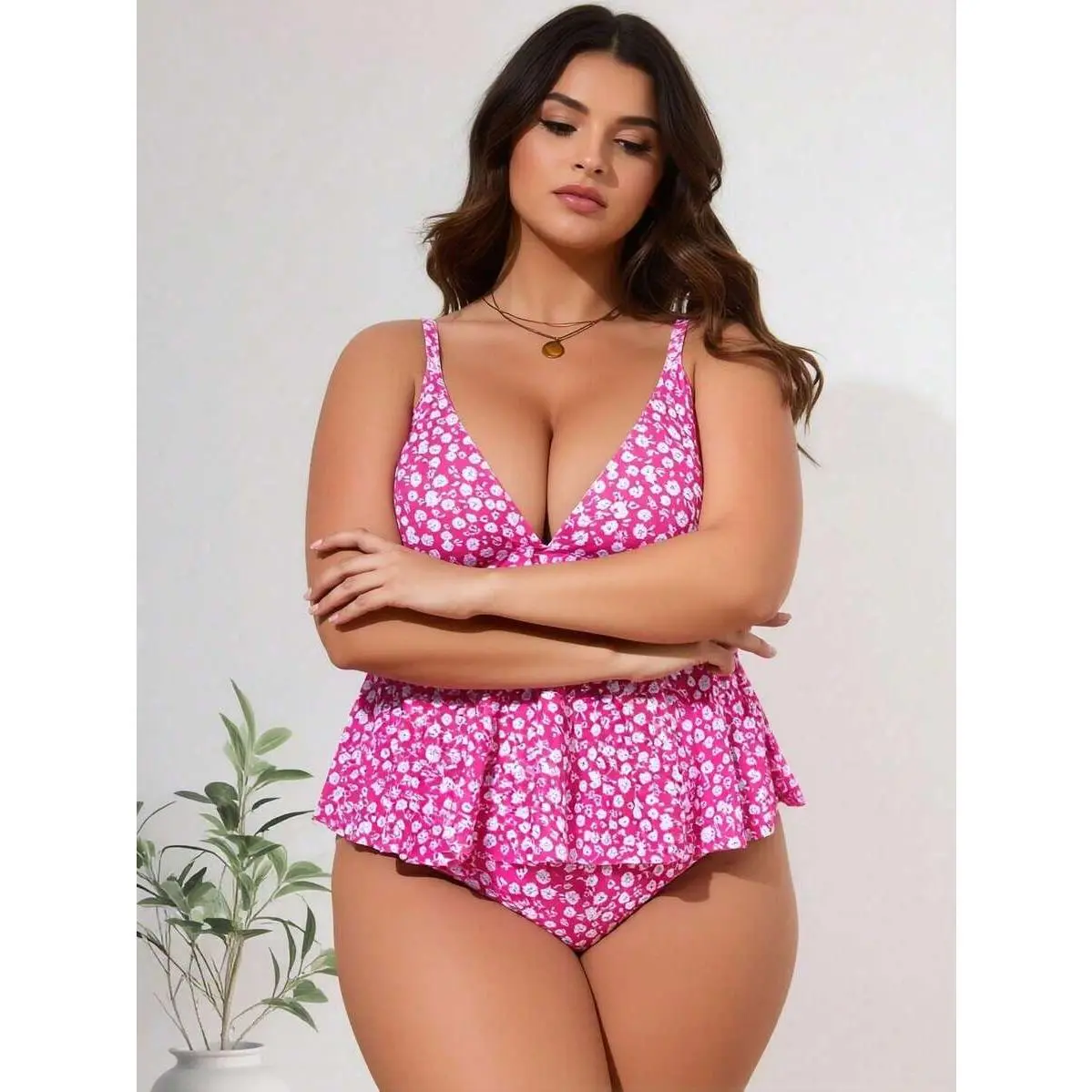 Women's Plus Size Extended Sizes Tankini Bathing Suit Set 2026 New, Female Swim Knit Fabric Long Cut Hot Pink Ditsy Floral Print Ruffled Top + Matching Bottom, Two-Pieces
