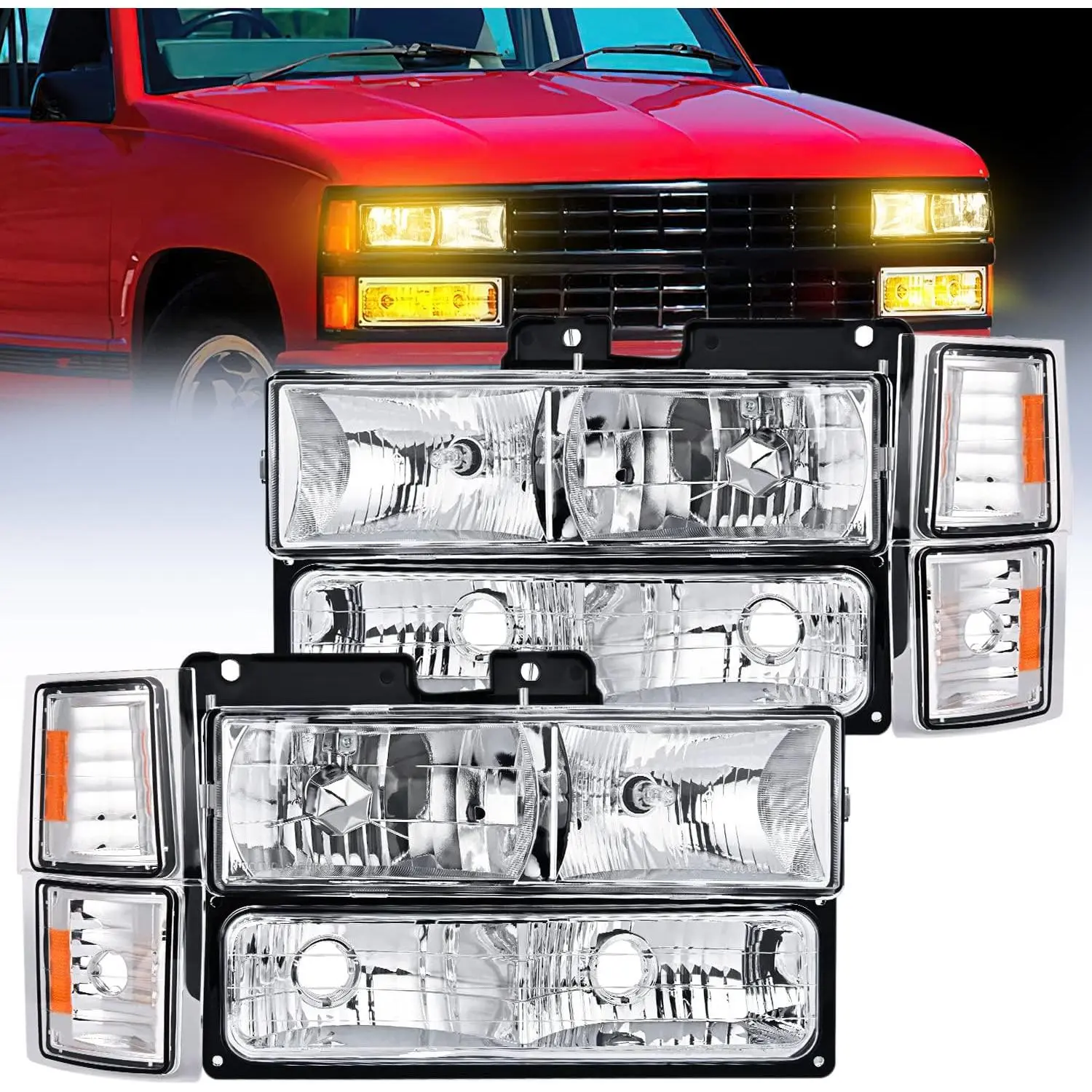 Nilight Headlight Assembly for 1994 1995 1996 1997 1998 GMC Suburban Yukon Sierra C/K Series 1500 2500 3500 Replacement Headlamp Chrome Housing Amber Reflector Bumper Corner Lamp, Headlight Waterproof
