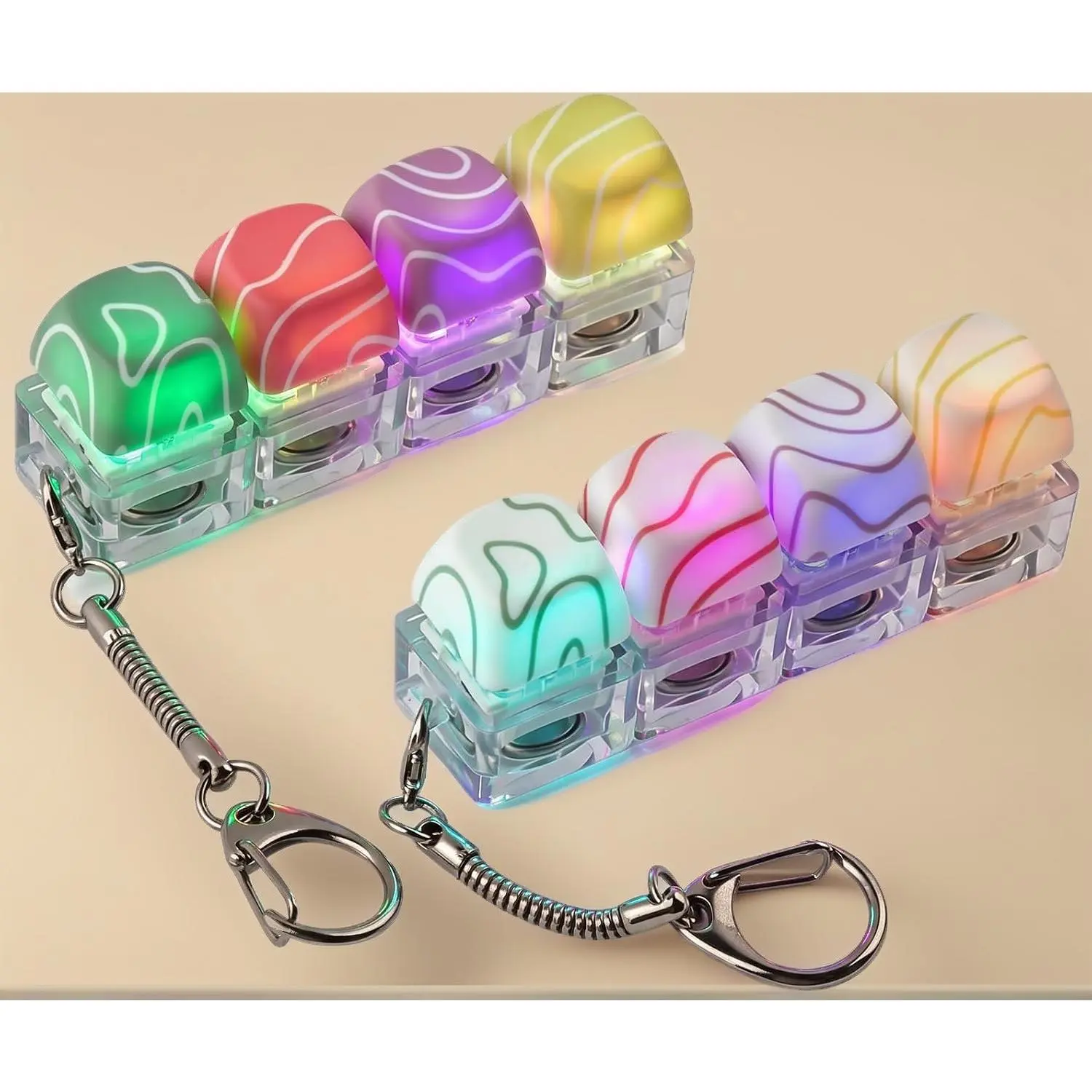 2 Pack LED Keyboard Click Fidget Keychain, Wave Light Tactile Fidget Toy, Portable Stress Relief Toy with Durable Metal Loop