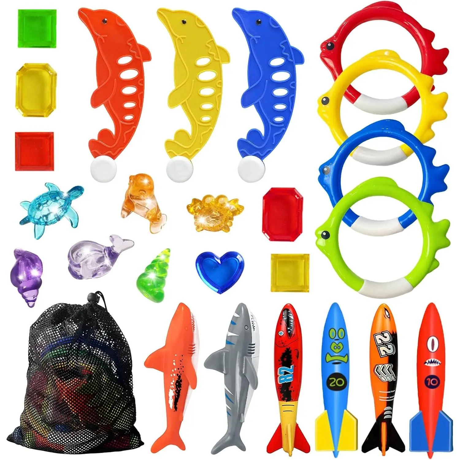 Pool Diving Toys Games - 25PCS Swimming Pool Toys with Dive Sticks and Rings Underwater Treasures Torpedo Bandits Fish Toy etc Fun Water Swim Toy for Boys Girls Adults Kids Teens