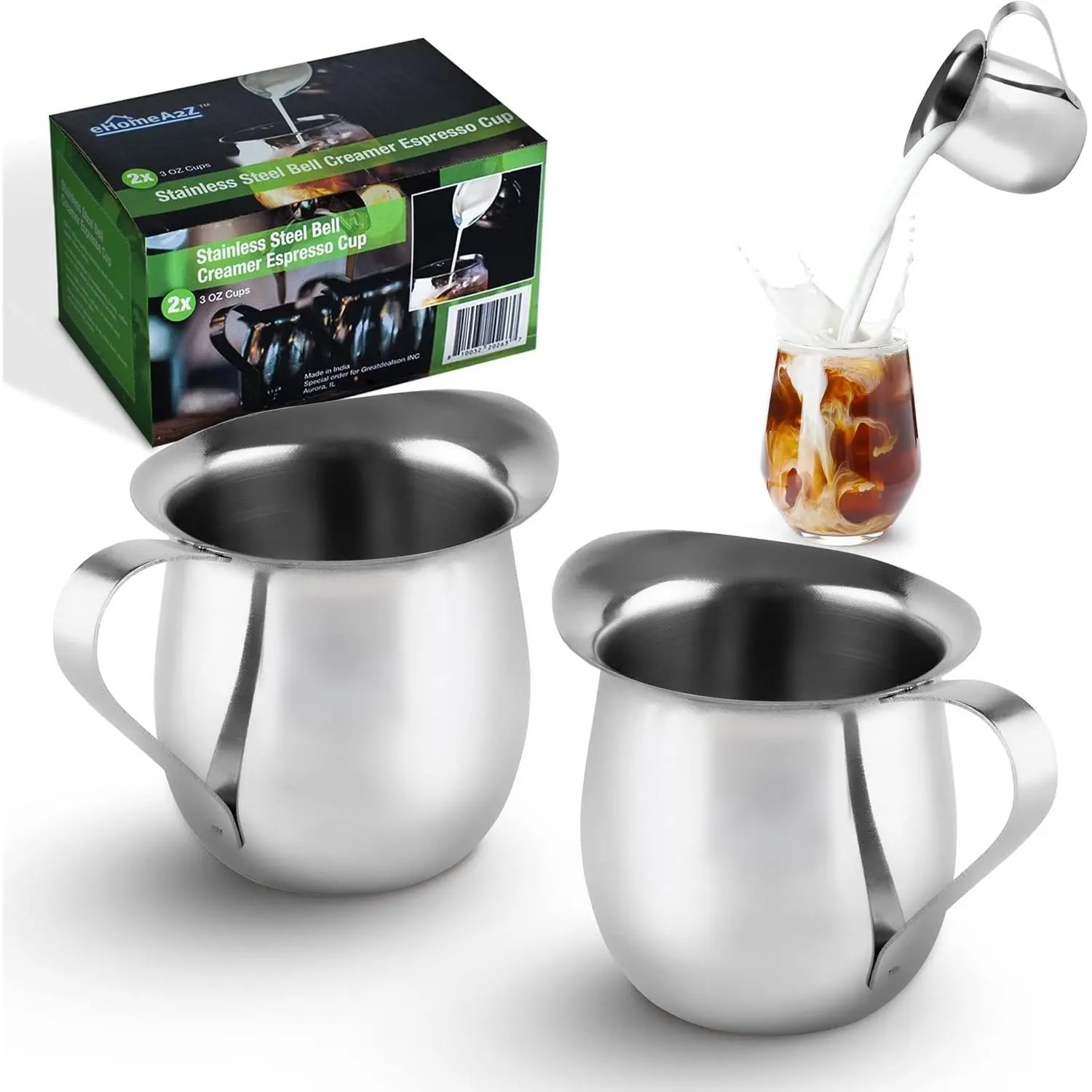 Stainless Steel  Creamer Espresso Shot Frothing Pitcher Cup Latte Art (2, 3 Oz)