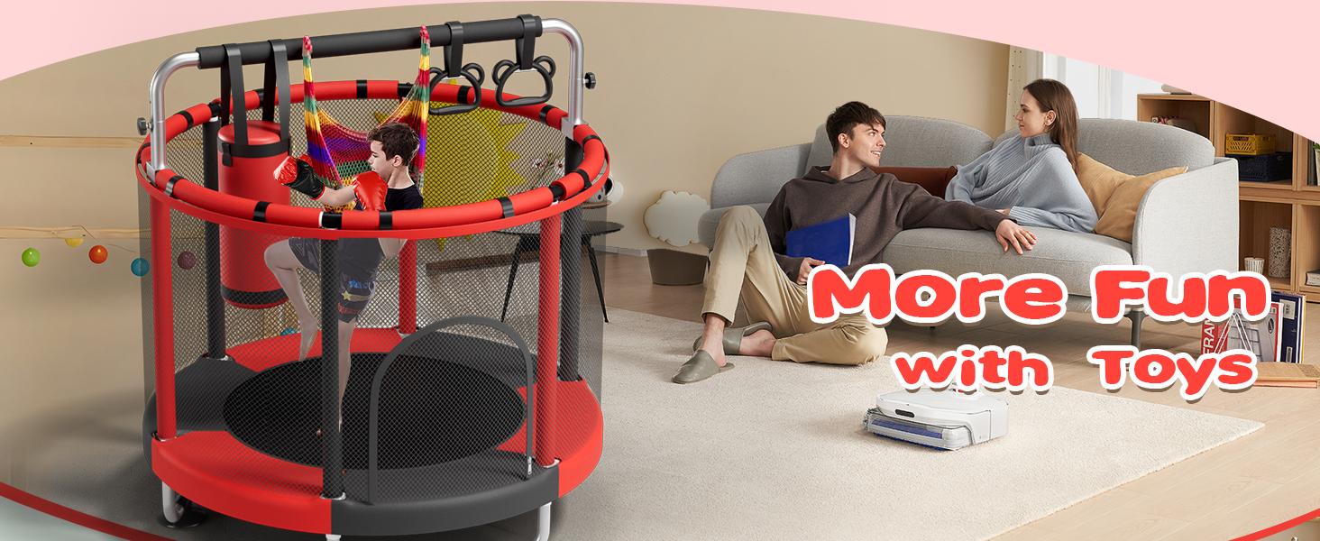 AGS 55" Trampoline for Kids with Enclosure, 440lbs Capacity Indoor & Outdoor Toddler Trampoline with Adjustable Gymnastics Bar & Toys, for Boys & Girls