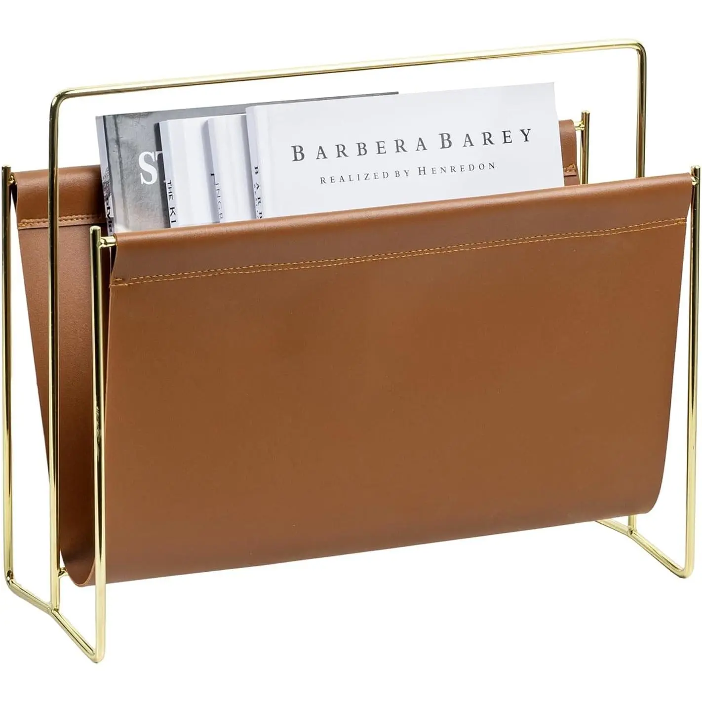 Magazine Holder Magazine Rack Floor 15-Inch Modern Brown Leatherette & Brass Plated Metal Floor Standing Faux Leather Sling Style Newspaper Rack for Home, Bathroom, Office Decor