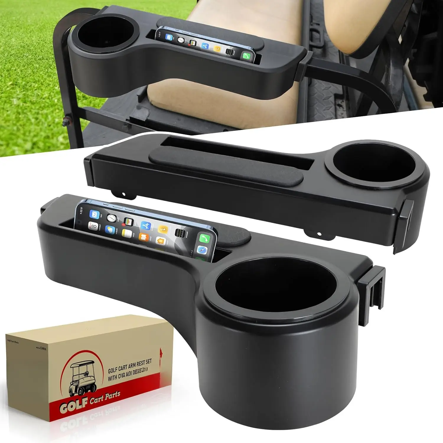 Golf Cart Armrest with Cup Holder/Rear Seat Arm Rests Fit for EZGO/Club Car/Yamaha & Most Golf Cart, Upgrade 3rd Gen - with Phone Holder, No Drilling Required, Fit 1.0"/1-1/4" Square Tube Frame