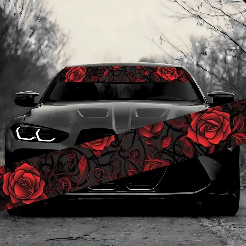 1pc, Red Rose Pattern Car Windshield Sticker, Self-adhesive and Removable, Durable and Weather-resistant, Suitable for All Car Models,  Car Decoration, Easy to Install and Remove, Just a Sticker