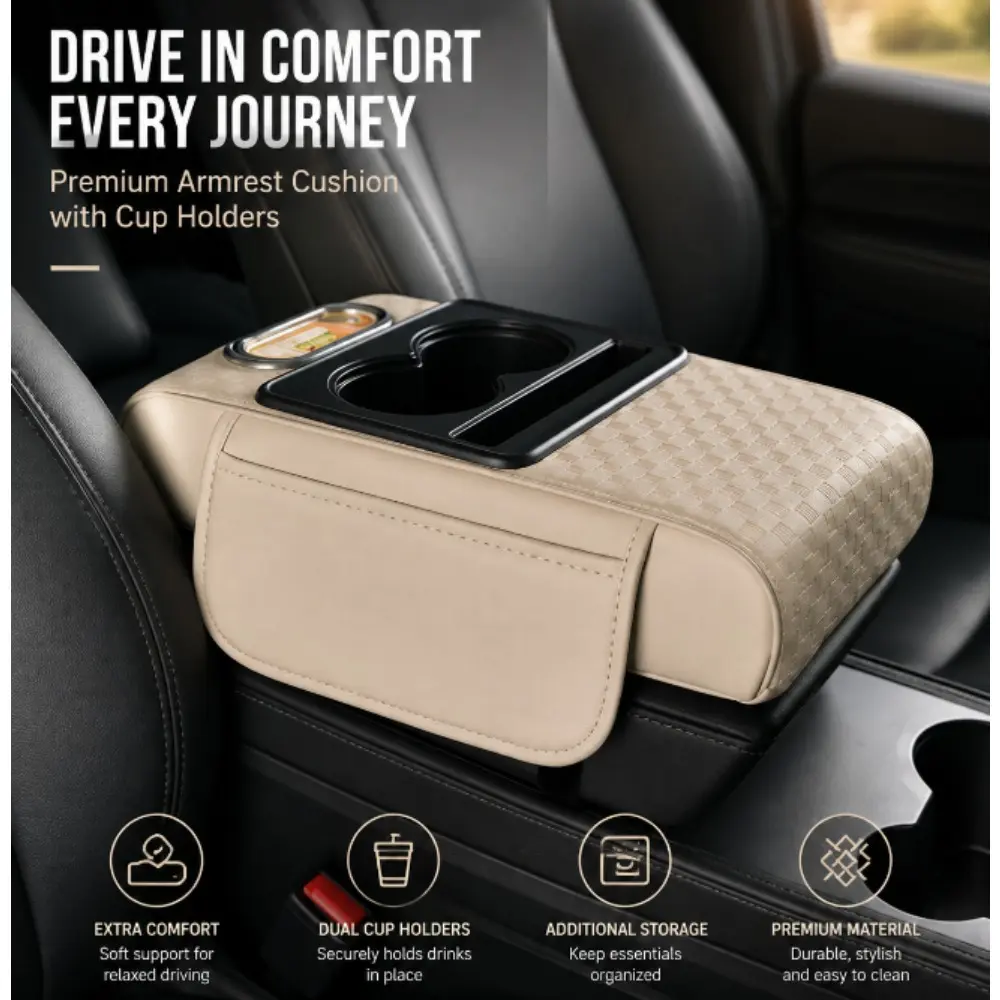 5-in-1 Universal Car Armrest Storage Organizer, Integrated Armrest Cushion, Storage Pocket & Tissue Box, Car Console Interior Accessory