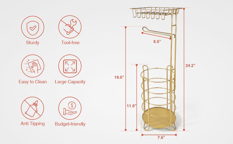 Gold Metal-Frame Free Standing Toilet Paper Holder with Phone Shelf & Tissues + Wipes Storage Tray, Floor Bathroom Holder for Large Mega Rolls, Large Rolls