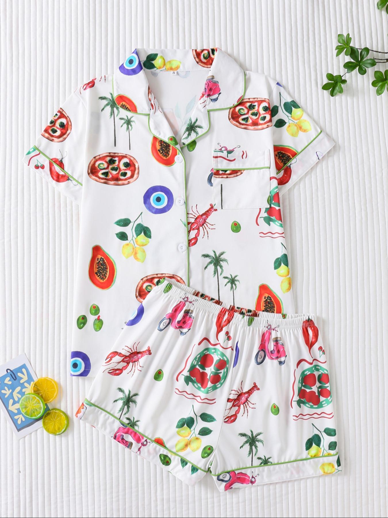 Women's Fruit Print Shirt & Elastic Waist Shorts Pyjama Two-piece Set, Casual Comfy Short Sleeve Top & Shorts PJ Set, Matching PJ Set, Ladies Sleepwear for All Seasons