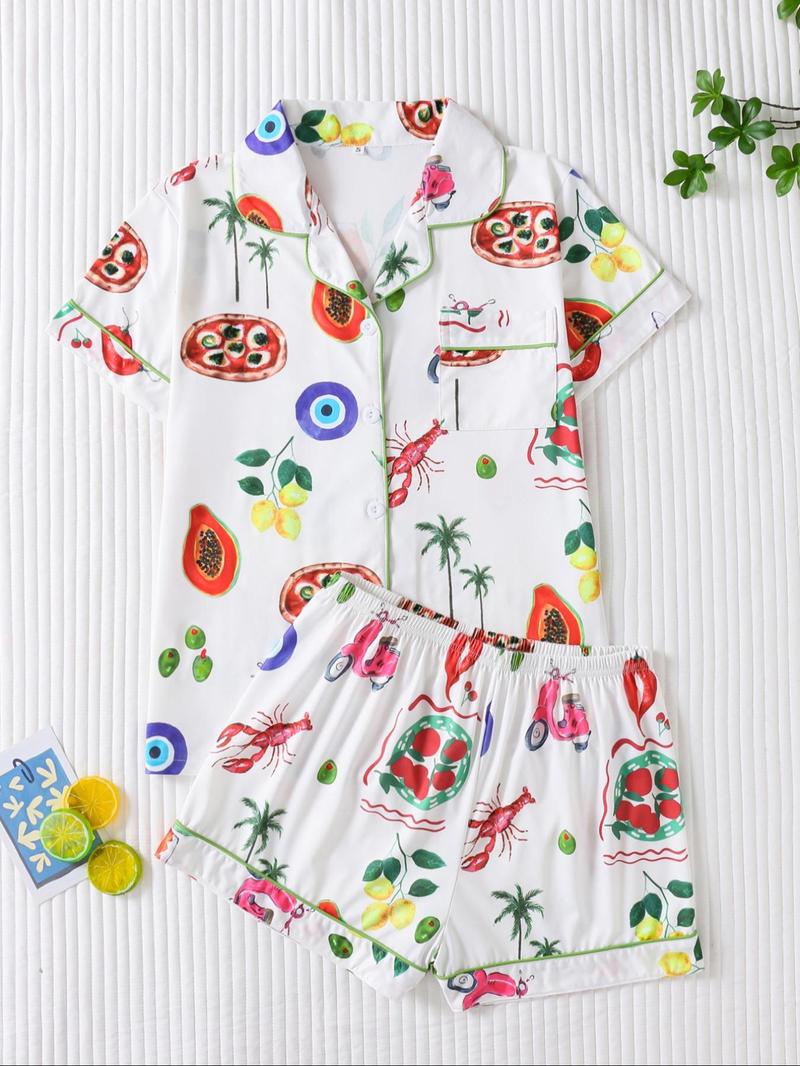 Women's Fruit Print Shirt & Elastic Waist Shorts Pyjama Two-piece Set, Casual Comfy Short Sleeve Top & Shorts PJ Set, Matching PJ Set, Ladies Sleepwear for All Seasons