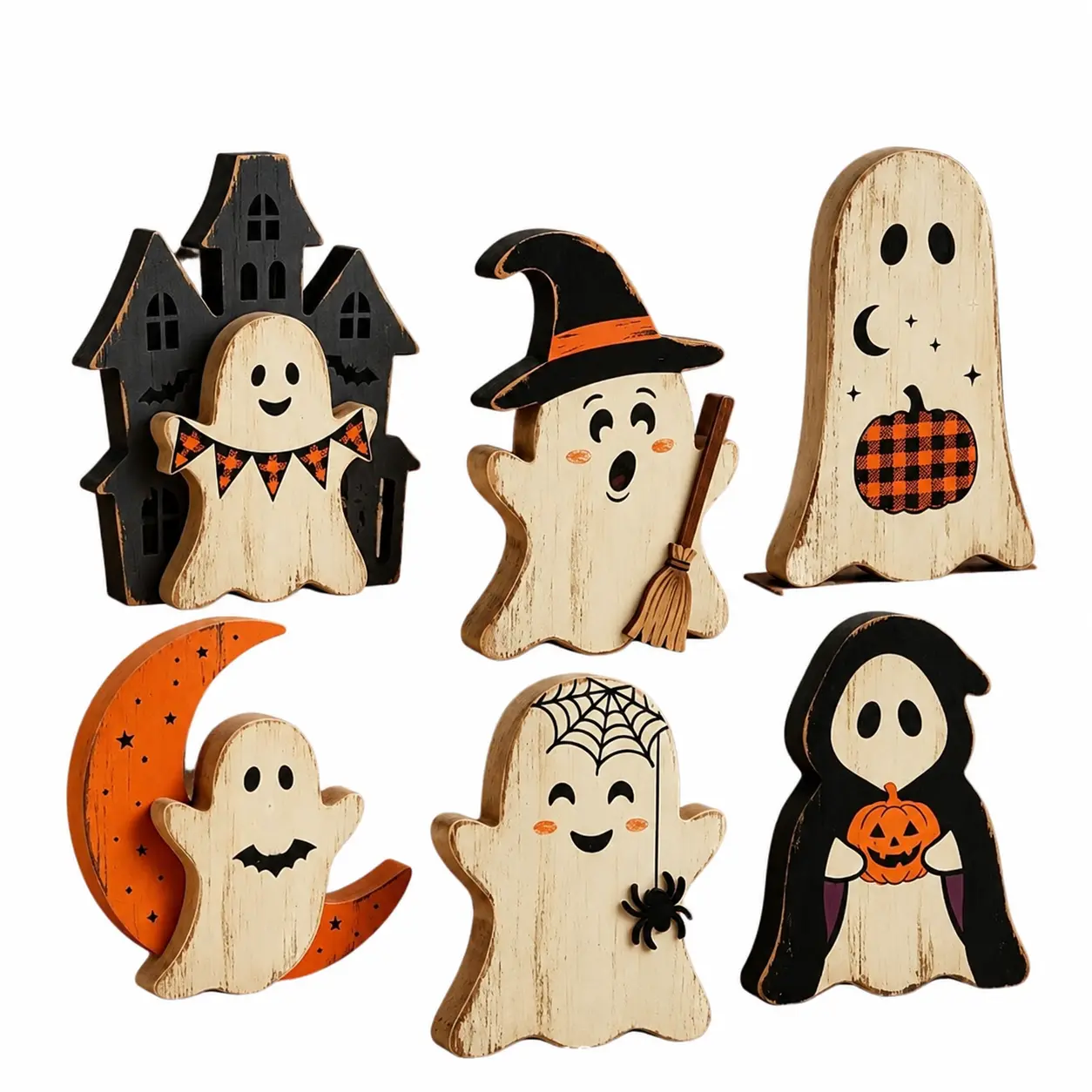 Handmade wooden Halloween decoration set, featuring pumpkin, ghost, and black cat ornaments, suitable for home, desk, bookshelf, or party table display - natural wood finish, eco-friendly seasonal decorations