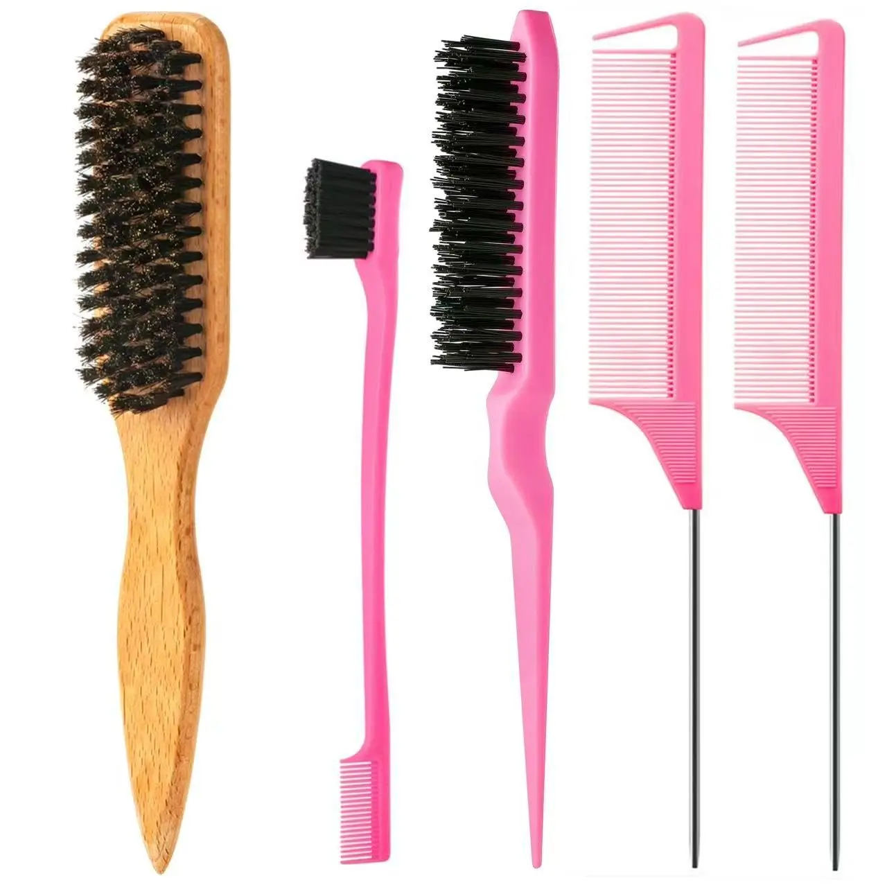 6PCS Hair Styling Tools Kit, Boar Bristle Wooden Brush, Rat Tail Metal Pin Parting Comb Edge Control Brush,Bristle Teasing Hair Brush Topsy Tail Loop Tools for Women Braiding & Edge Styling