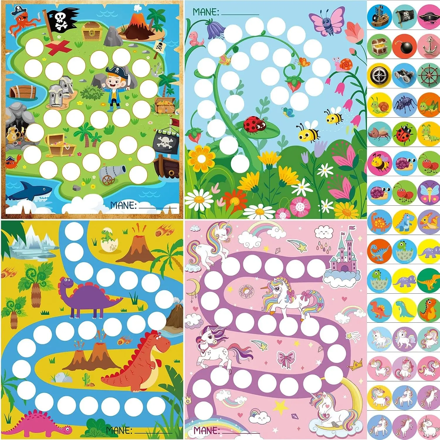 100 Pcs Sticker Chart with 2160 Mini Sticker Incentive Chart for Classroom | Behavior Reward Chart for Kid, Unicorn Pirate Dinosaur Spring 4 Design, Dry Erase, Chore Homework Tracking Attendance Chart