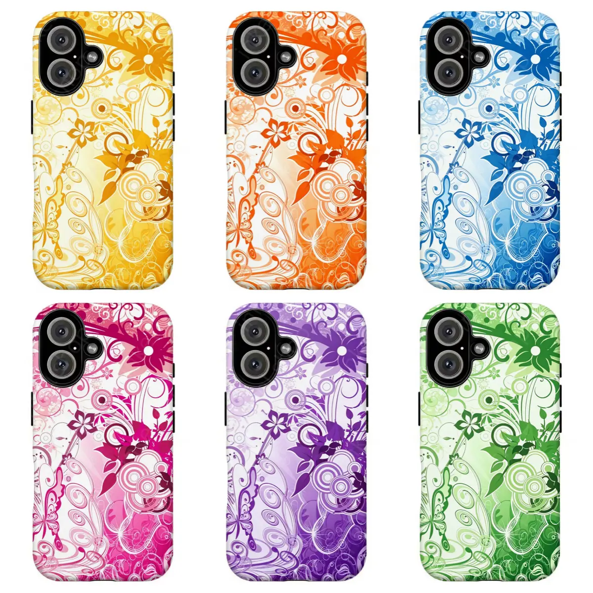 Vector Flourish Butterfly Floral Swirl Phone Case|Vibrant Gradient Multicolor Yellow Orange Blue Pink Purple Green Elegant Ornamental Pattern Shockproof Phone Cover For iPhone 17 Pro Max 16 15 14 13 12 11 for Samsung S21 S22 S23 S24 S25 S26 Phone Case