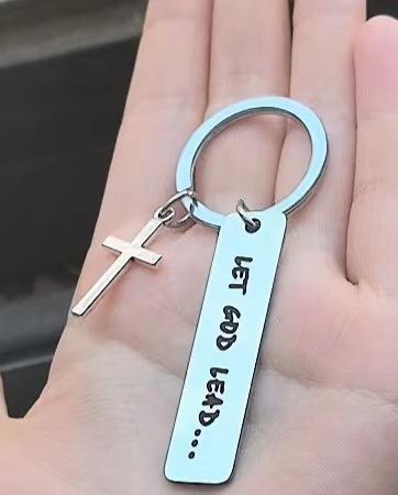 Let God Lead Cross Keychain, Engravable Stainless Steel Christian Charm, Religious Faith Key Ring for Backpack Bag Accessory