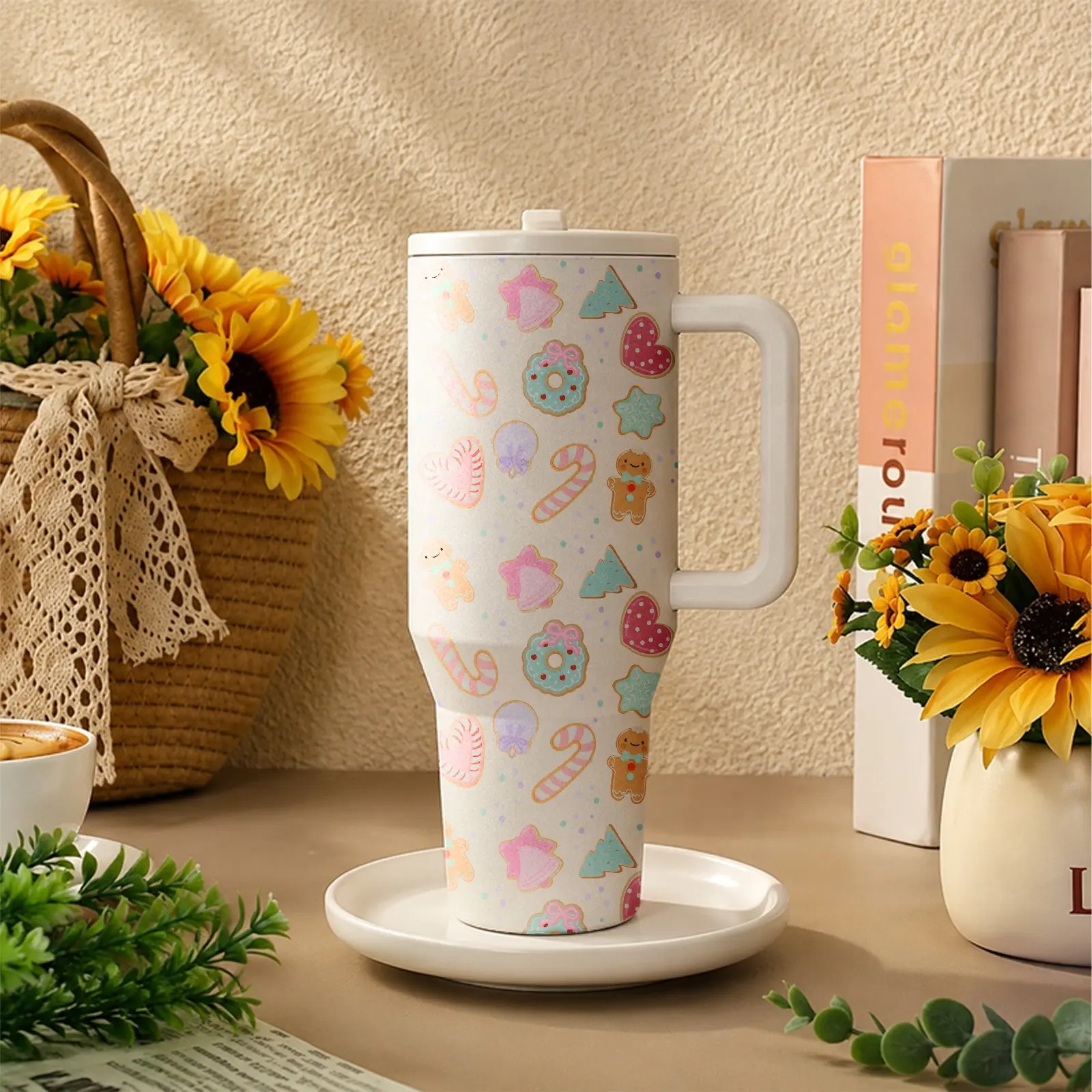 1PC Christmas Frosting Tumbler 40oz with Handle and Straw, Cute Holiday Candy Pattern Insulated Water Bottle, Double Wall Vacuum Travel Cup, Christmas Gift Coffee Cup for Women, Winter Aesthetic Drinkware for Home, Office and Daily Use