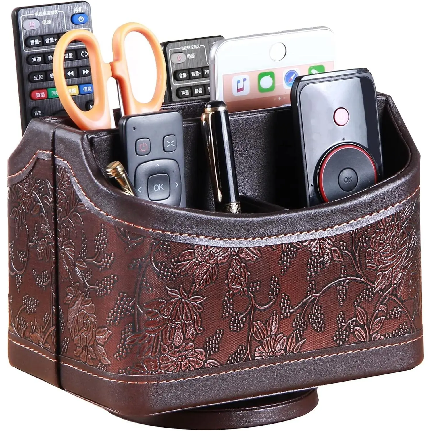 PU Leather 360° Rotatable Remote Control Holder - Spinning Nightstand & Desktop Organizer Caddy for TV Remote, Pen, Mail, Phone, DVD, Blu-Ray, Media Player, Heater Controllers