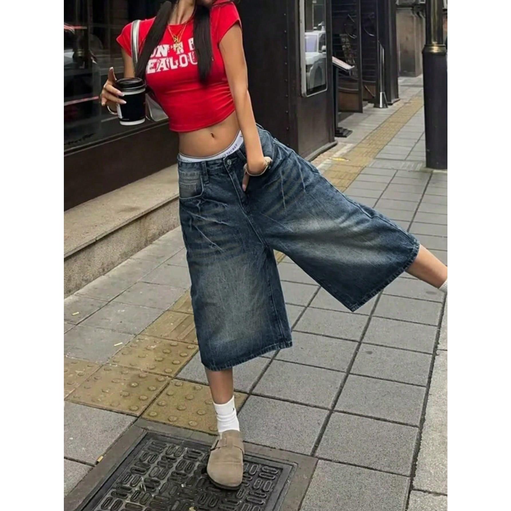 Vintage Washed Cat Whisker Pocket Wide Leg Bermuda Denim Shorts Casual Capri Music Festival