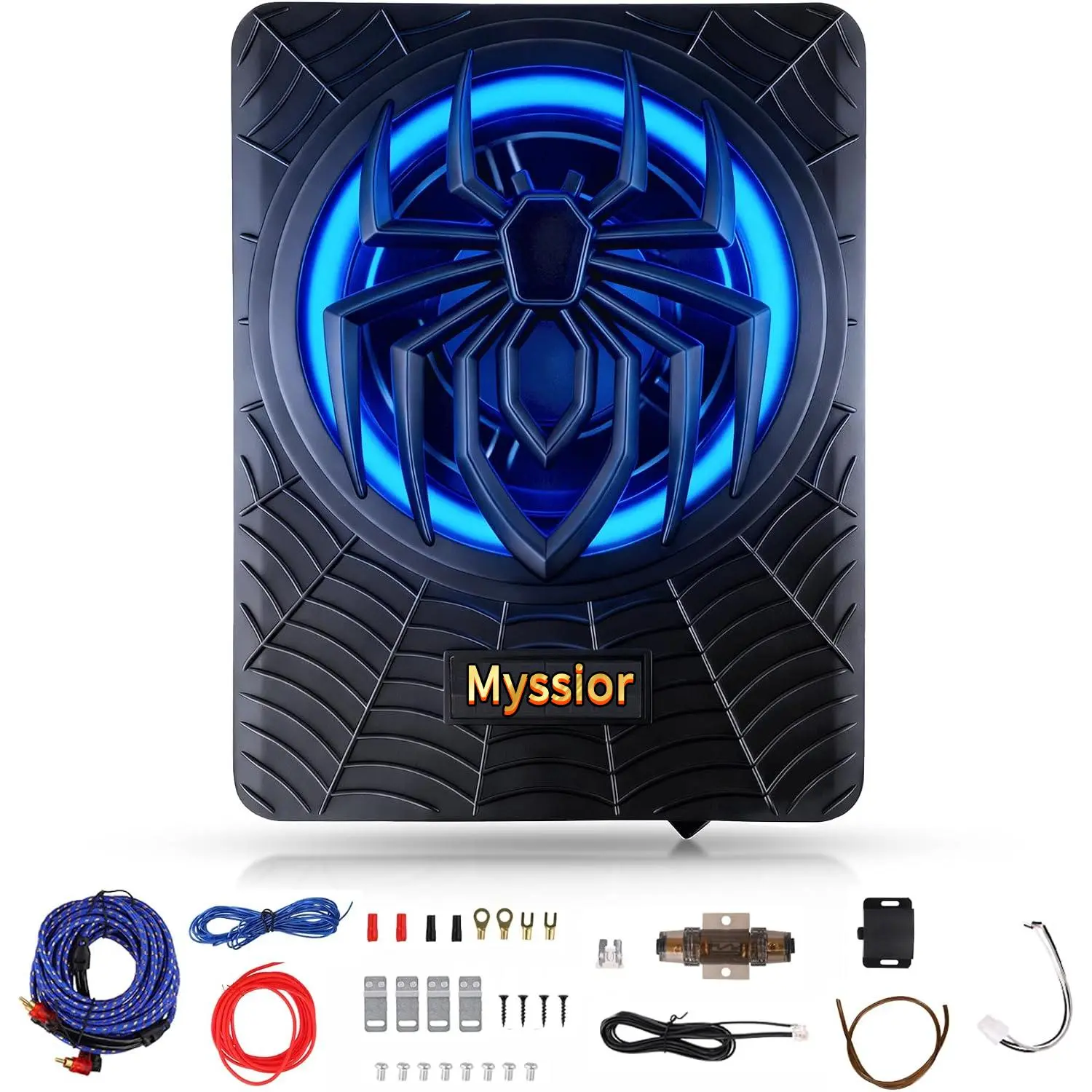 10 Inch 1200W Slim Underseat Powered Car Subwoofer with Built-in Amplifier, High/Low Level Input, Deep Bass & Blue Dynamic Ambient Light, for Car Truck & SUV