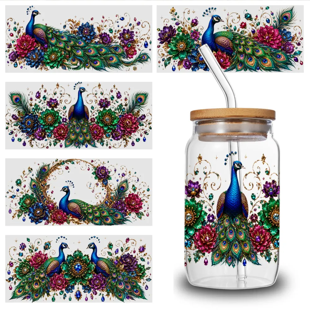 5 Sheets Peacock Floral UV DTF Stickers UV DTF Cup Wraps Stickers - for 16 Ounce Libbey Cups - Animal 3d Crystal Label - Waterproof And Scratch Resistant Sticker - DIY Sticker for Glass Cups And Bottles
