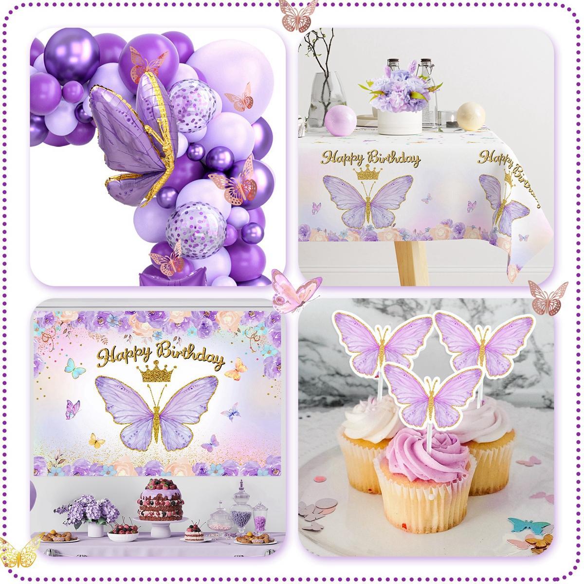 Butterfly Pink/Purple Balloon Tablecloth Backdrop Set,94pcs Pink Butterfly Latex Balloon Girls Birthday Party Decoration,Happy Birthday  Balloon Arch Kit