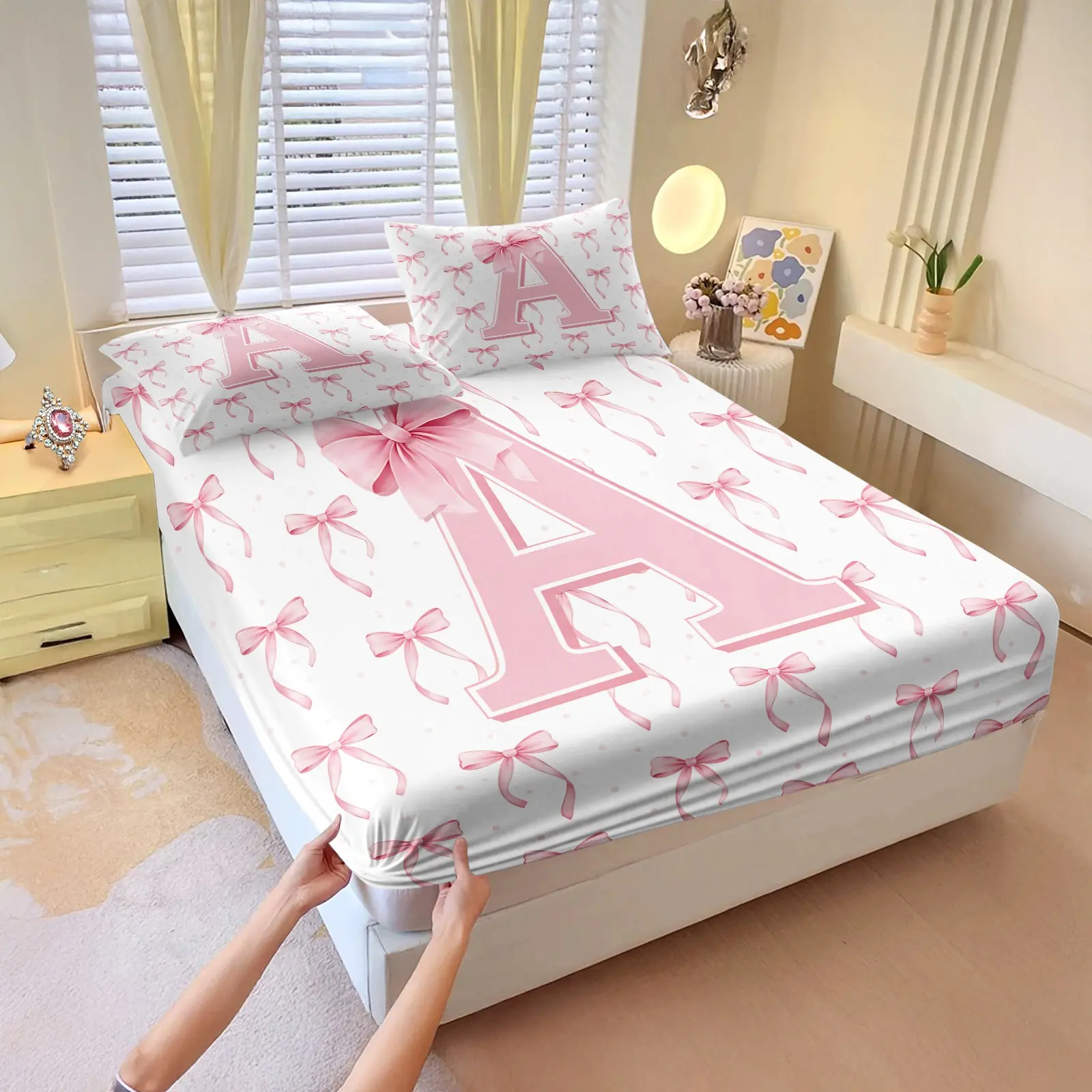3Pcs Coquette Pink Bow Initial A-Z Fitted Sheet Set No Fillers, Cute Ribbon Monogram Bed Sheet Set, Preppy Girly Bedding Set with Pillowcases, Deep Pocket for Teen Girls Women Bedroom Dorm Decor, Breathable Soft Bedding