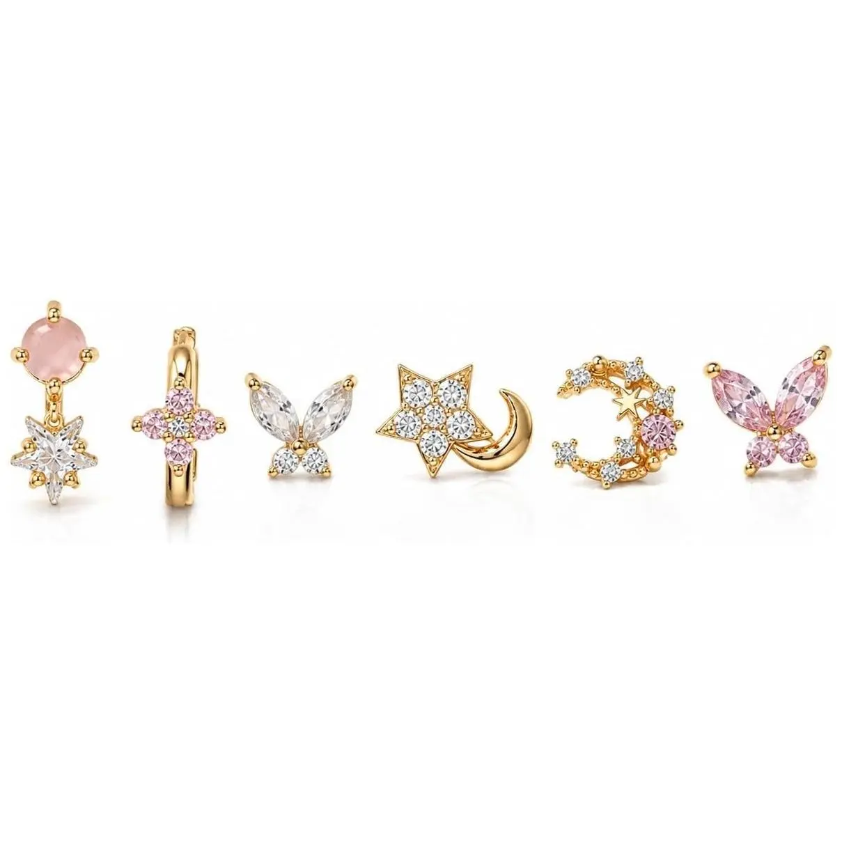 14K Gold Plated Butterfly Stud Earrings Set, Gold Pink Tone, Zirconia Floral & Constellation Styles, Gift Box Included