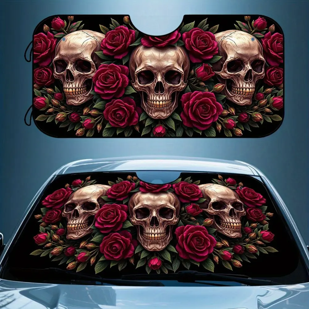 1pc  Foldable Car Sunshade for The Front Windshield, Featuring a Dark Floral Pattern with Gothic Skulls, Easy to Use, Perfect for The for Halloween Season