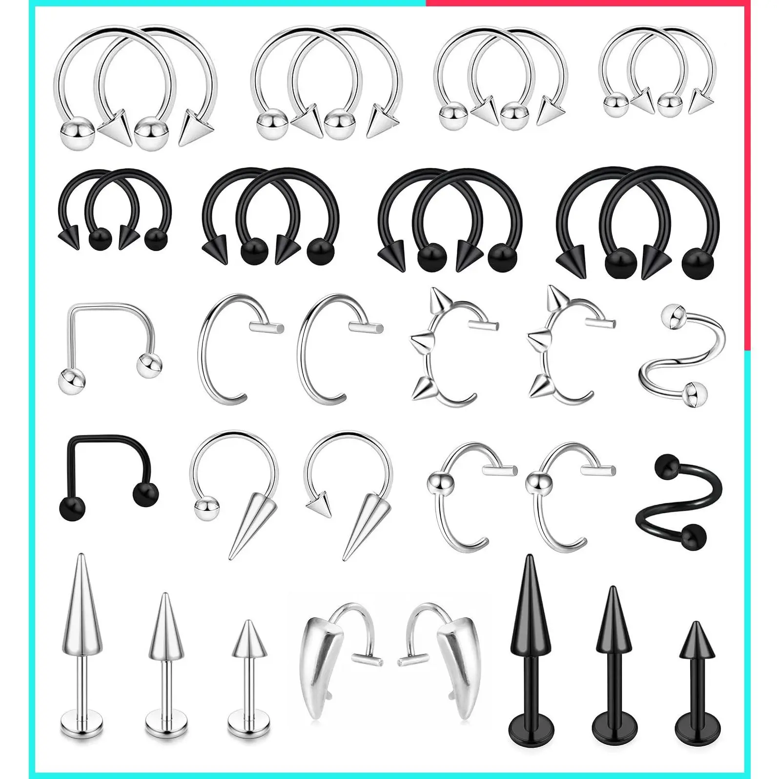 36Pcs 16G Stainless Steel Assorted Lip Rings Labret Monroe Barbell Spike Nose Studs for Women Men Snake Bite Piercing Jewelry